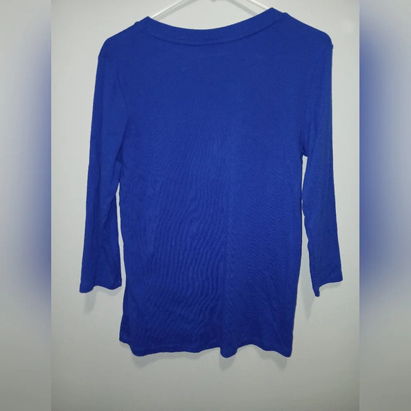 Ellen Tracy 100% Cotton Blue V-neck Cut-outs 3/4 Sleeve Shirt Size Large Casual - Picture 2 of 8